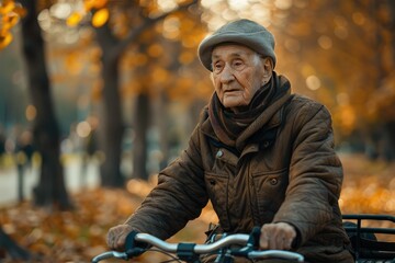 Fototapeta premium Elderly Man Riding Bicycle in Autumn Park with Golden Leaves and Soft Sunlight