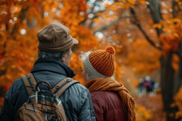 Elderly Couple Walking Through Vibrant Autumn Forest in Cozy Attire