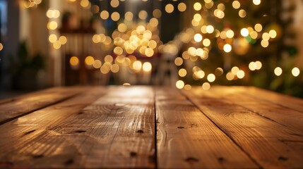 A cozy scene with a wooden table and festive bokeh lights in the background, creating a warm and inviting atmosphere perfect for holiday gatherings