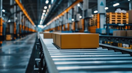 Automated Shipping Warehouse Conveyor Belt with Cardboard Boxes in Industrial Facility