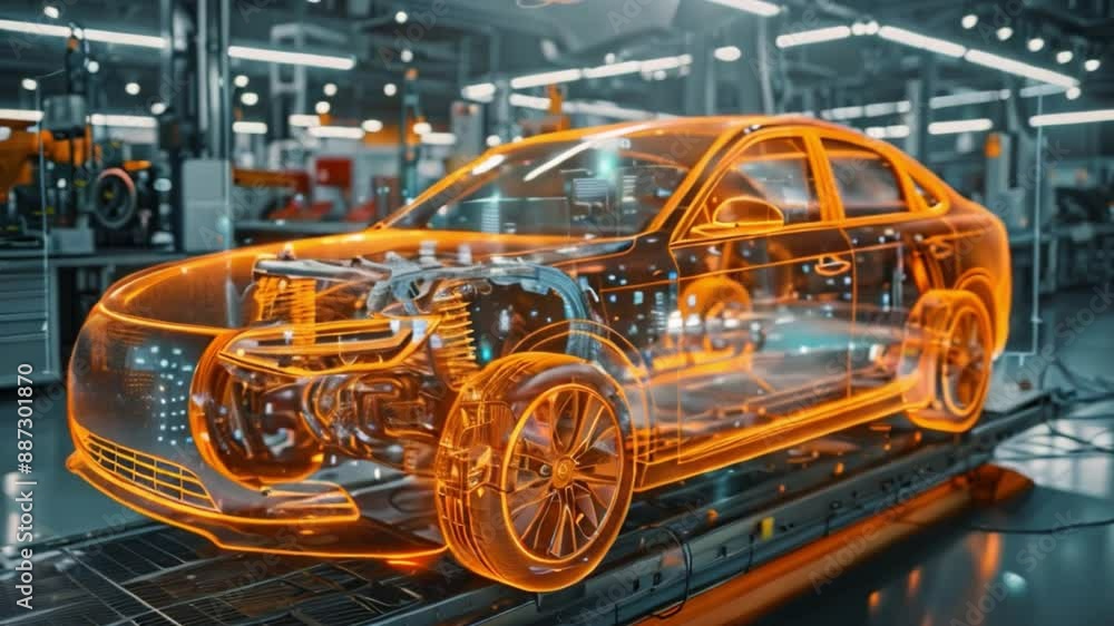Poster a glowing digital car model on a factory assembly line shows its internal components.