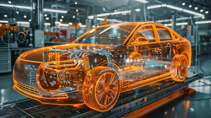 A glowing digital car model on a factory assembly line shows its internal components. - Powered by Adobe