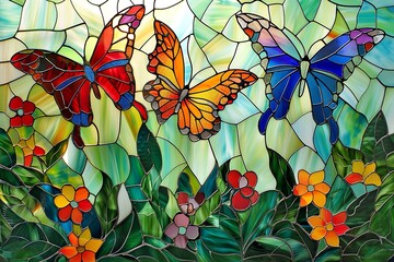 Colorful Butterflies and Flowers in Stained Glass Window.