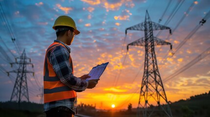 Electrical engineer working with high voltage electricity pylon at sunset background