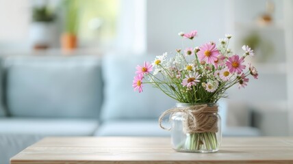 A repurposed wine bottle filled with wildflowers in a bohemian living room.