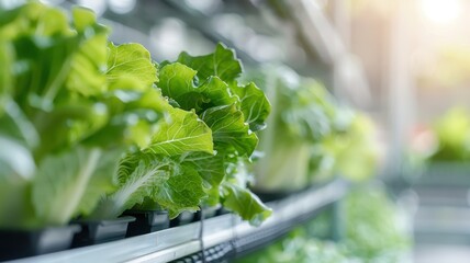 A modern hydroponic greenhouse with rows of leafy greens.