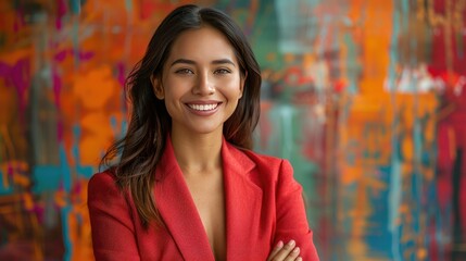 Businesswoman in Vibrant Red Blazer Smiling Confidently in Front of Abstract Colorful Background