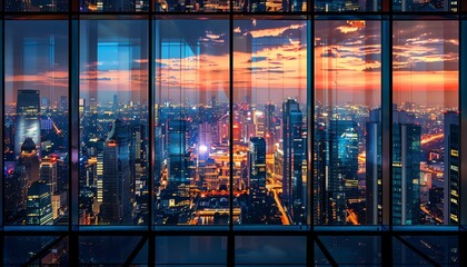 A stunning view of a cityscape at night from a high-rise building. The lights of the city are reflected in the windows of the building.