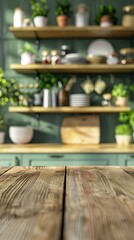 Wooden table top on blur kitchen room background,Modern Contemporary green kitchen room interior. 