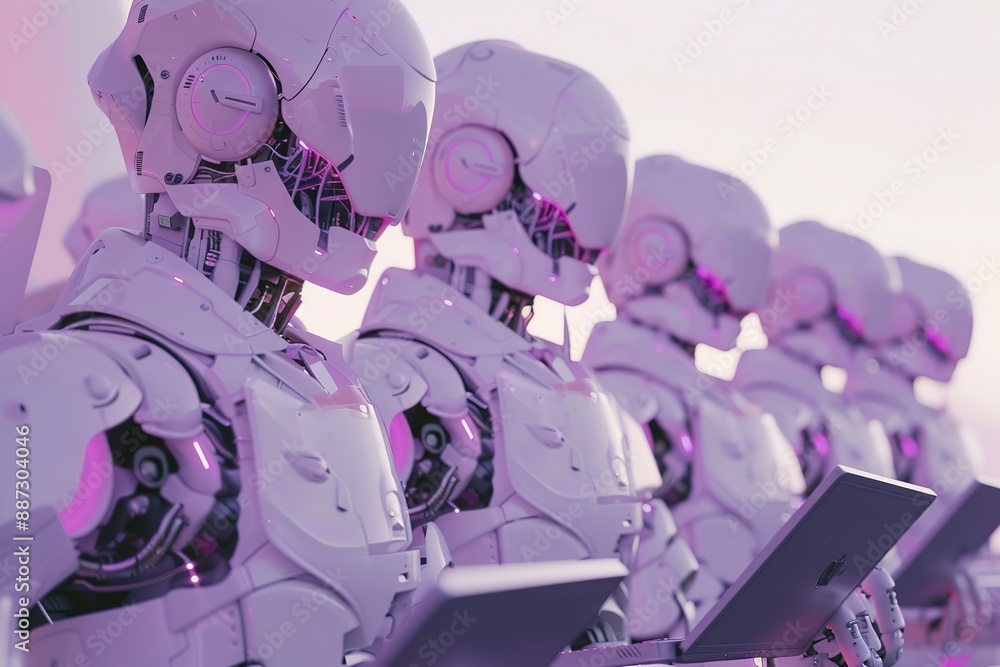 Poster a group of robots are holding laptops and are standing in a line