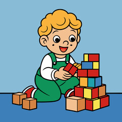 Cute Kid Play In Blocks Vector Art Illustration