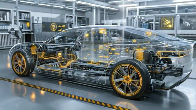 A transparent electric car, showcasing its interior components and wires in a modern factory setting.