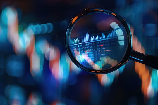 A magnifying glass is used to look at a blurry image of a city skyline