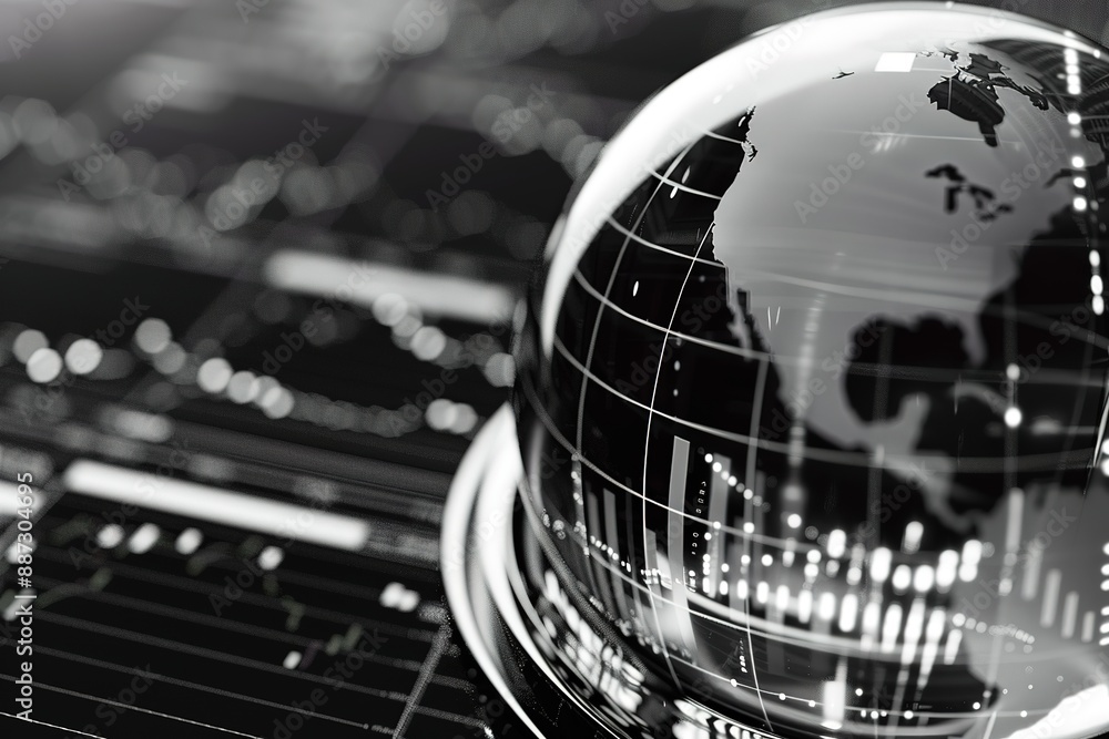 Poster a globe is sitting on a black background with a lot of lines and numbers