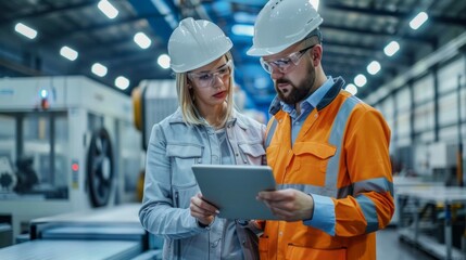 Two factory workers in hard hats and safety glasses review information on a digital tablet