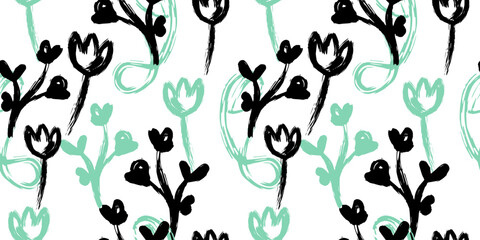 Minimalistic hand drawn Floral Pattern. Gouache drawn Flowers in Scribble style. Childish drawing. Hand draws swirls. Curly brush strokes, marker scrawls as graphic design elements set