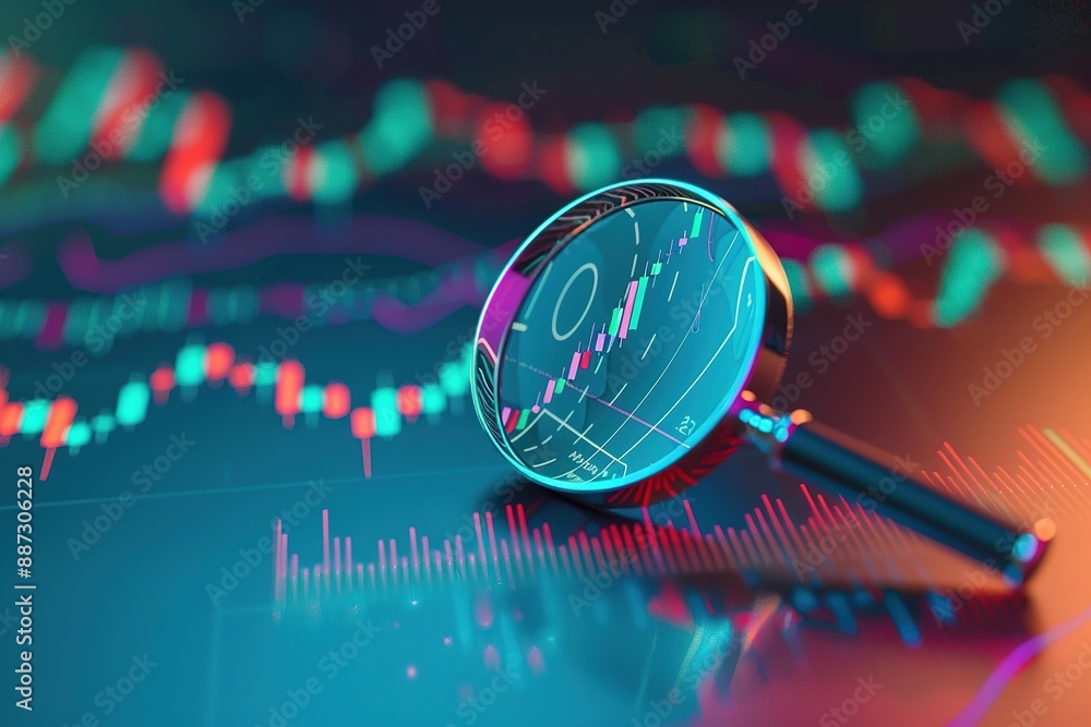 Poster a magnifying glass is on top of a graph with a red line