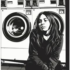 Sad woman at a laundromat vector white background 113 machine, laundry, washing, wash, washer, appliance, washing machine, equipment, clean, household, vector, housework, clothes, cleaning, illustrati