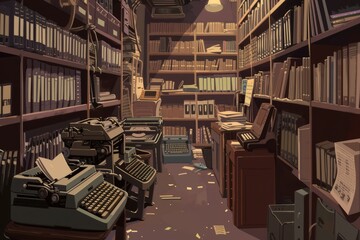 Obraz premium A dusty aisle in a vintage bookstore filled with antique typewriters. A person types slowly, lost in the rhythm of their, Generative AI