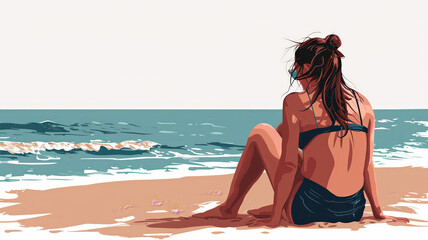 Fototapeta premium Sad woman at the beach vector white background 250 beach, woman, bikini, sea, summer, beauty, sand, ocean, sky, water, body, vacation, tan, travel, leisure, tropical, model, hair, nature, coast, sun, 