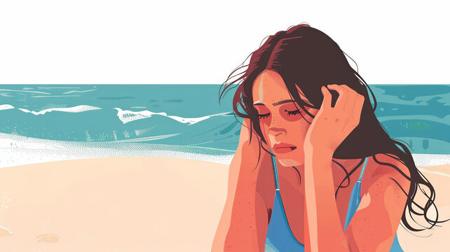Sad woman at the beach vector white background 251 woman, beauty, beach, face, person, people, model, hair, summer, sea, fashion, hands, smiling, phone, hand, bikini, smile, one, sad, happiness, head 
