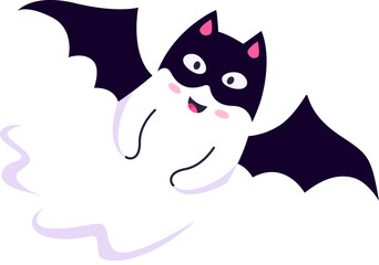 Funny cartoon Halloween kawaii ghost character wearing costume of bat. Isolated vector funny spook with black wings, mask and white, smiling form, floats playfully with a little trailing behind