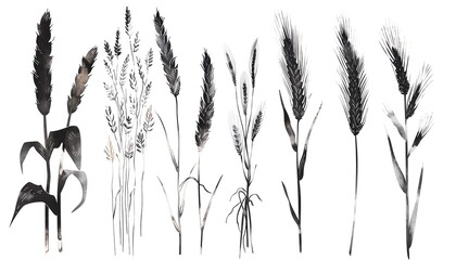 A set of black and white watercolor illustrations of cereal plants