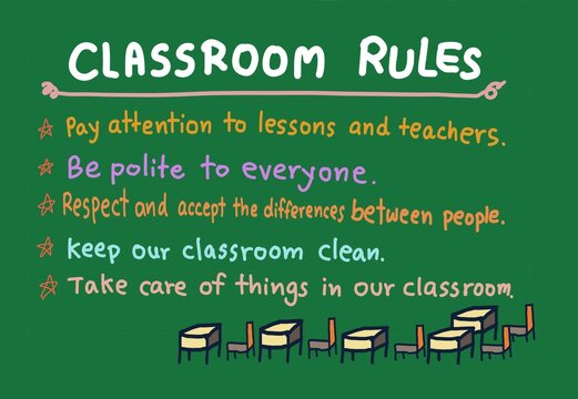 Hand drawn picture of classroom rules on green board, desks, chairs. Handwritten font. Illustration for education. Concept, idea for teacher and students to create rules together. Classroom management