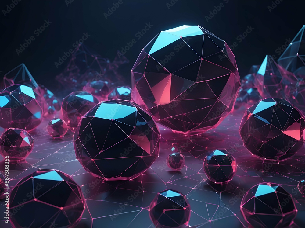 Wall mural abstract glow futuristic polygonal background of low poly surface with connected spheres and lines