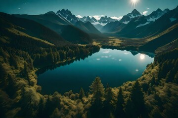 A lake in the shape of the world's continents in the middle of untouched nature.