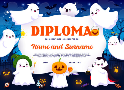 Kids diploma, holiday sweets and Halloween cute kawaii ghost characters. Kids competition winner diploma, children Halloween holiday or party vector award, education certificate with funny ghosts - Powered by Adobe