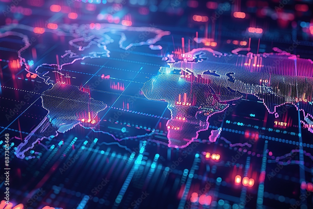 Poster a computer generated map of the world with a red line going through it
