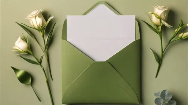 Elegant Green Envelope with White Roses and Blank Card on Green Background