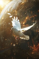 Fototapeta premium A beautiful white dove flies towards the light. The stars twinkle in the background. The dove is a symbol of peace and hope.