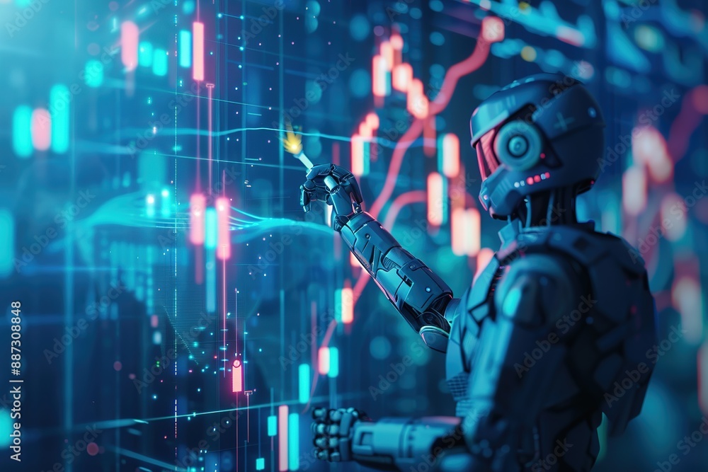 Poster a robot is pointing at a screen with a red line on it