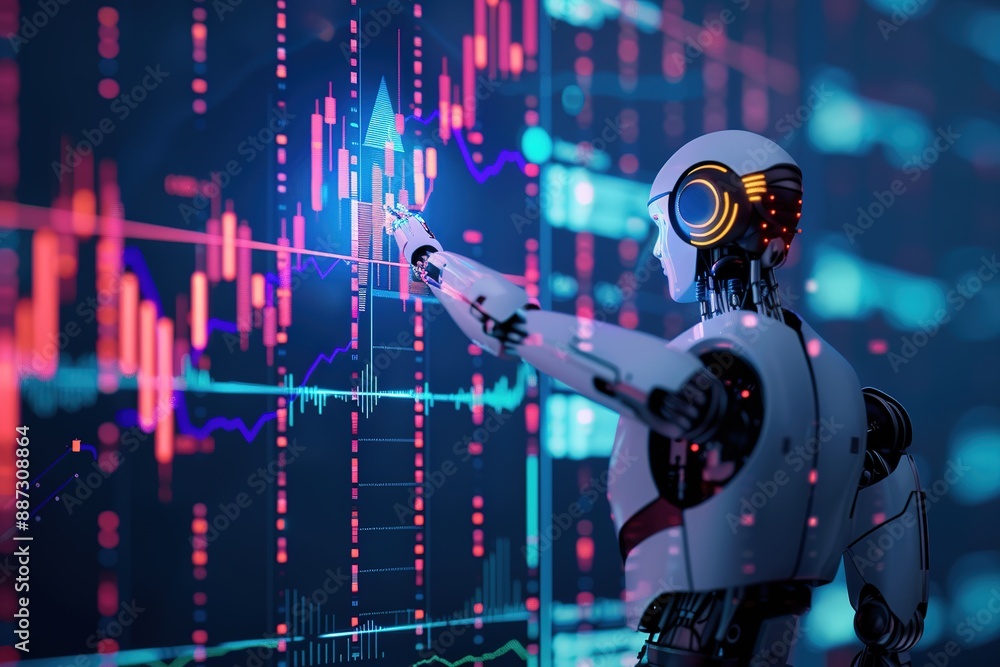 Poster a robot is pointing at a graph on a computer screen