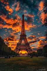 Enhance the Eiffel Tower at sunset with dramatic lighting and a colorful sky