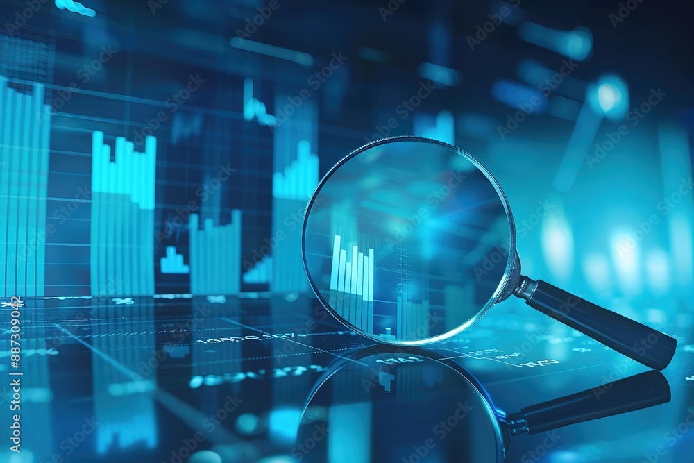 Poster a magnifying glass is on a blue background with a bunch of numbers and graphs