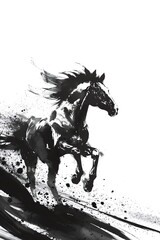 A powerful black horse with a long flowing mane and tail is depicted in this Chinese brush painting