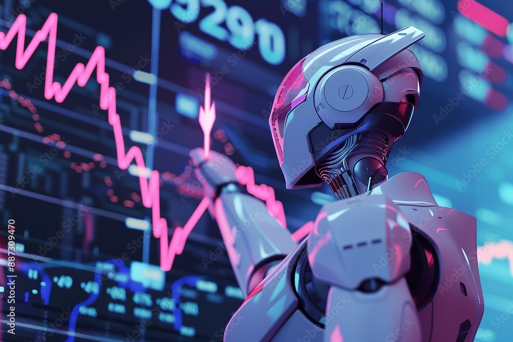 Aufkleber a robot is pointing at a graph with a downward trend