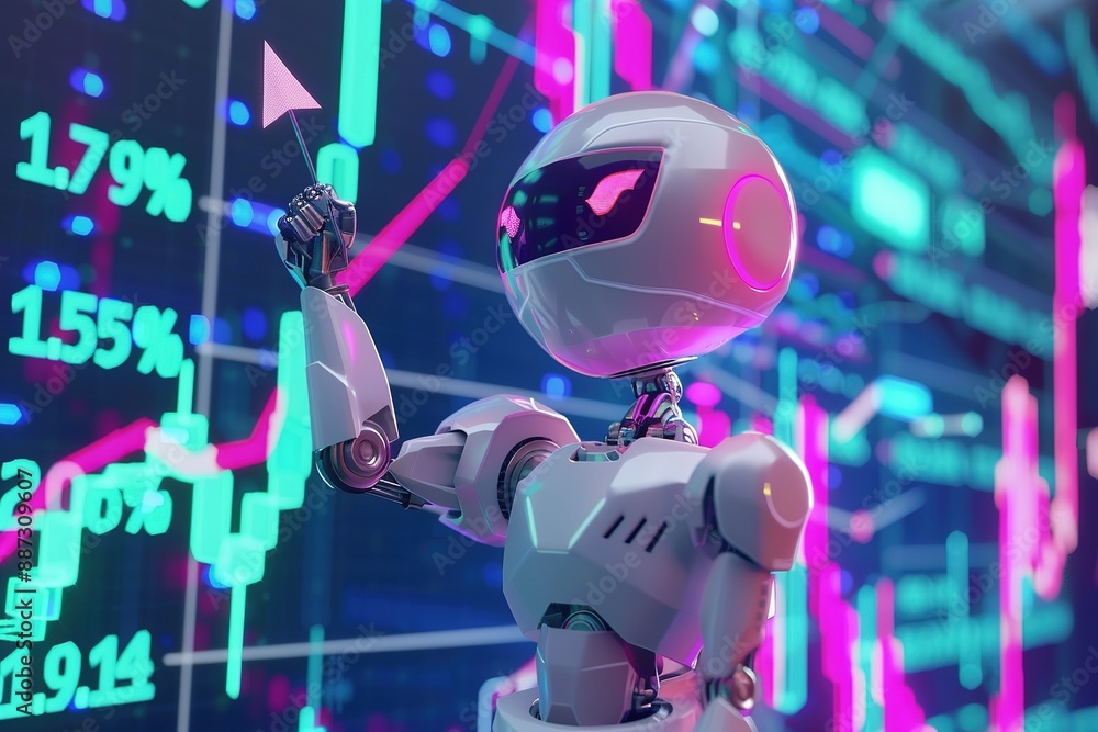 Poster a robot is holding a flag in front of a computer screen with a lot of numbers