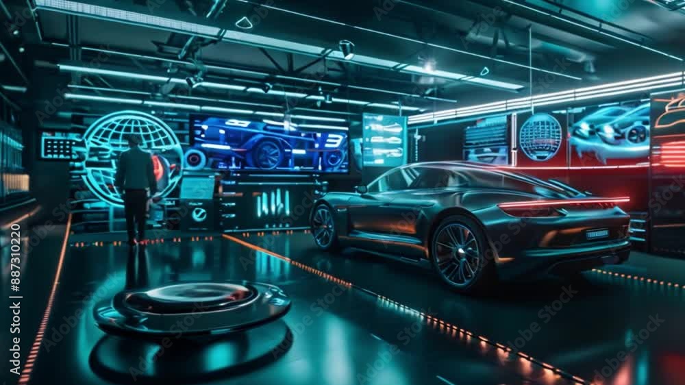 Poster a person stands in a futuristic car design studio, viewing 3d models on screens showcasing a car's d