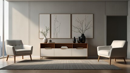 Fototapeta premium Aesthetic bright sunny elegant home living room interior design with comfortable lounge chair, hat, side table, flowers bouquet, shelf with decorations. interior design