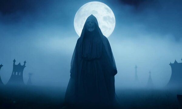 A skeletal grim reaper figure in a dark hooded cloak stands in a misty, moonlit landscape, exuding an ominous and eerie presence with faint silhouettes of tombstones in the background.