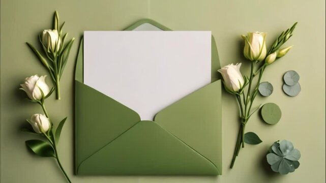 Elegant Green Envelope with White Roses and Blank Card on Green Background