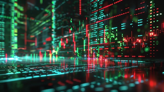 A glowing green and red circuit board with binary code.