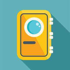 Yellow action camera showing the lens and side buttons