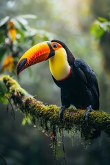 Obraz premium A brightly colored toucan sits on a branch in the rainforest. The toucan has a large, orange beak and a black body with a yellow neck and a red rump. The branch is covered in moss.