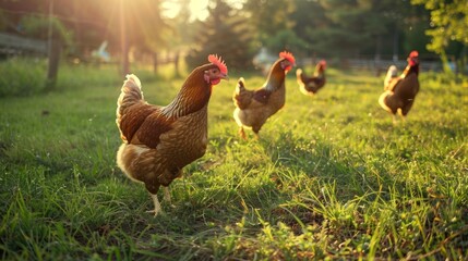 Fototapeta premium A group of brown hens stand in a lush green field, illuminated by the golden glow of the setting sun