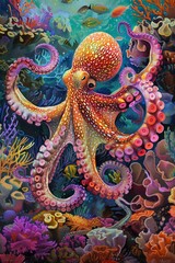 Obraz premium An octopus with vibrant colors and patterns lurks among the coral and fish.